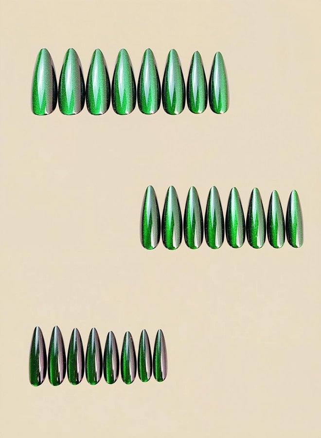 HJKDSFD Green Glitter Press on Nails Medium Almond Fake Nails with Solid Color Gradient Designs Green Stiletto Acrylic False Nails Glossy Artificial Nail Reusable Glue on Nails for Women 24Pcs - Image 4